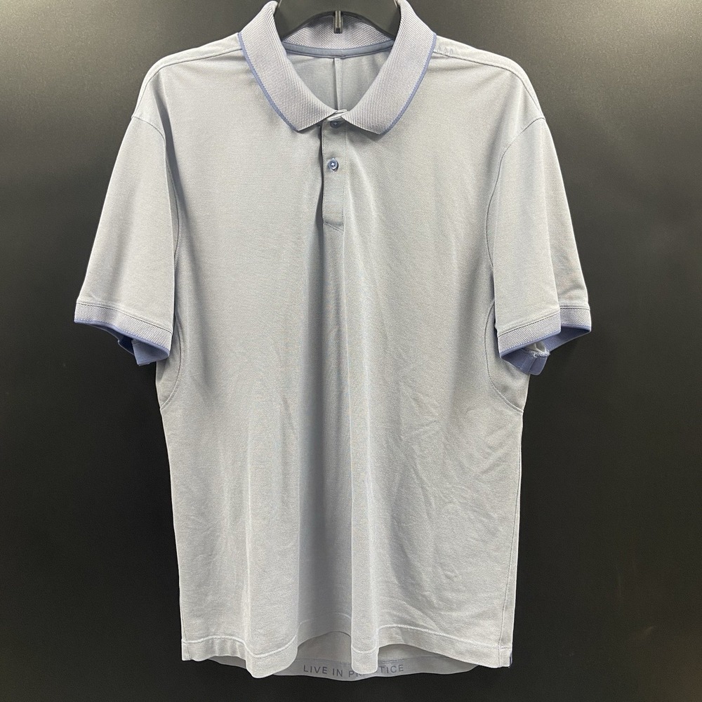 Lululemon Men's L Polo Shirt Blue "Live In Practice" Vented Pima‎ Cotton Stretch